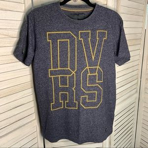 Diverse System Large Yellow Letter Graphic Print Marled Navy Blue T Shirt